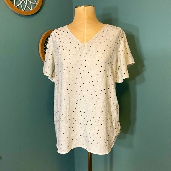 LOFT Outlet White & Black Polka Dot Flutter Sleeve V-Neck Top - L - Picture 1 of 10